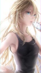 Rule 34 | 10s, 1girl, black shirt, blonde hair, bottle, breasts, hair between eyes, hand on own hip, highres, holding, long hair, nemumi no sora, new game!, open mouth, shirt, signature, sleeveless, sleeveless shirt, small breasts, solo, tank top, upper body, very long hair, water bottle, yagami kou