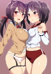 Rule 34 | 2girls, :d, ayagi daifuku, azur lane, bare shoulders, black hair, breasts, brown eyes, brown hair, crossover, detached sleeves, historical name connection, kantai collection, large breasts, long hair, long sleeves, medium breasts, multiple girls, nagara (azur lane), nagara (kancolle), name connection, open mouth, purple background, red eyes, short hair, simple background, smile, thighs, twintails