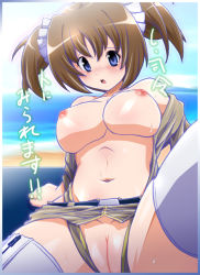 Rule 34 | 1girl, bare shoulders, beach, blue eyes, blush, breasts, brown hair, cleft of venus, clothes, embarrassed, fat mons, female focus, gundam, gundam card builder, hair ornament, large breasts, leotard, leotard under skirt, nipples, no bra, no panties, ocean, open mouth, outdoors, pussy, reiko holinger, ryuu ryuu, skirt, sky, solo, source request, spread legs, text focus, thighhighs, translation request, twintails, uncensored, unzipped, zettai ryouiki