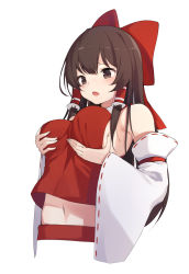 Rule 34 | 1girl, :o, absurdres, alternate breast size, bare shoulders, blush, bow, breast conscious, breast lift, breasts, brown eyes, brown hair, cropped torso, detached sleeves, frills, hair bow, hair tubes, hakurei reimu, highres, large bow, large breasts, long hair, long sleeves, midriff, navel, open mouth, red bow, red shirt, ribbon-trimmed sleeves, ribbon trim, shirt, sideboob, sidelocks, simple background, solo, touhou, upper body, white background, wide sleeves, ziro (zirorong)