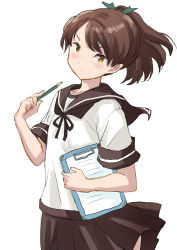 Rule 34 | 1girl, brown eyes, brown hair, brown sailor collar, brown skirt, clipboard, commentary request, dress, fuji (pixiv24804665), highres, kantai collection, pencil, pleated dress, ponytail, sailor collar, school uniform, serafuku, shikinami (kancolle), short hair, simple background, skirt, solo, white background