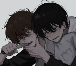 Rule 34 | 2boys, akanei6no sora, black hair, blood, brown hair, collared shirt, ear piercing, grey background, hair between eyes, hand on another&#039;s chin, highres, holding, holding knife, knife, long sleeves, male focus, multiple boys, open mouth, original, piercing, shirt, simple background, sweat, upper body, white shirt