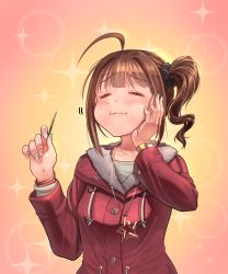 Rule 34 | 10s, 1girl, absurdres, ahoge, blush, brown hair, closed mouth, coat, collarbone, drill hair, closed eyes, facing viewer, foodgasm, green nails, hand on own face, highres, idolmaster, idolmaster million live!, kamille (vcx68), nail polish, short hair, smile, solo, toothpick, yokoyama nao