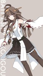 Rule 34 | 1girl, ahoge, bad id, bad pixiv id, bare shoulders, boots, breasts, brown footwear, brown hair, brown skirt, character name, detached sleeves, double bun, dutch angle, hair bun, headgear, kantai collection, kongou (kancolle), kongou kai ni (kancolle), large breasts, long hair, looking at viewer, mikoto (oi plus), nontraditional miko, pleated skirt, purple background, purple eyes, simple background, skirt, smile, solo, thigh boots, thighhighs