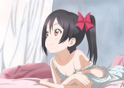 Rule 34 | 10s, 1girl, 2014, bare shoulders, bed, bedroom, black hair, bow, crossed arms, curtains, dated, flat chest, hair bow, indoors, kosu, love live!, love live! school idol project, lying, medium hair, no bra, off shoulder, on bed, on stomach, pillow, red eyes, smile, solo, strap slip, striped, twintails, yazawa nico