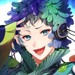 Rule 34 | 1other, androgynous, blue feathers, cropped, dress, feathers, gnosia, green eyes, green feathers, green hair, long hair, long sleeves, looking at viewer, nail polish, open mouth, other focus, raqio, simple background, solo, user fecf7358