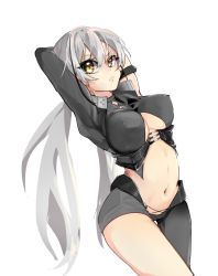 Rule 34 | 1girl, arms behind head, breasts, brown eyes, closed mouth, covered erect nipples, destroyer (girls&#039; frontline), feet out of frame, gaia (girls&#039; frontline), girls&#039; frontline, grey pants, grey shirt, highres, large breasts, long hair, looking at viewer, mogchya, multicolored hair, navel, pants, sangvis ferri, shirt, solo, standing, streaked hair, twintails, underboob, unhappy, white background, white hair