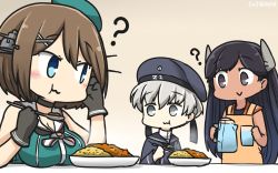 Rule 34 | 3girls, :&gt;, ?, apron, beret, black eyes, black gloves, black hair, blue eyes, blush, breast rest, breasts, brown hair, commentary request, cup, curry, dated, drinking glass, eating, food, gloves, grey eyes, hair ornament, hamu koutarou, hat, highres, i-400 (kancolle), kantai collection, long hair, maya (kancolle), multiple girls, pitcher (container), remodel (kantai collection), sailor collar, short hair, silver hair, spoon, tan, x hair ornament, z1 leberecht maass (kancolle)