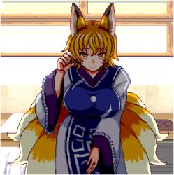 Rule 34 | 1girl, animal ears, blonde hair, blue tabard, breasts, candy, cat ears, chocolate, chocolate heart, dress, food, fox ears, fox tail, frills, hat, heart, indoors, kitchen, large breasts, long sleeves, looking at viewer, lowres, mob cap, multiple tails, no headwear, no headwear, pixel art, smile, solo, standing, tabard, tail, touhou, unk kyouso, valentine, white dress, wide sleeves, yakumo ran, yellow eyes