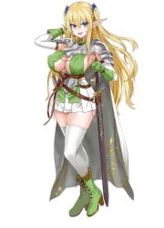 Rule 34 | 1girl, armor, asanagi, blonde hair, blue eyes, boots, breasts, cape, cleavage cutout, clothing cutout, covered erect nipples, cross-laced footwear, earrings, elf, elf village, eyes visible through hair, fold-over boots, gloves, green footwear, green gloves, hair between eyes, highres, holding, holding sword, holding weapon, jewelry, knee boots, lace-up boots, large breasts, long hair, looking at viewer, open mouth, pauldrons, pleated skirt, pointy ears, sheath, sheathed, shoulder armor, simple background, skirt, solo, standing, sword, sylvia (elf village), teeth, thighhighs, transparent background, twintails, very long hair, weapon, white skirt, white thighhighs