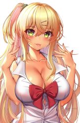 Rule 34 | 1girl, bare arms, bare shoulders, blonde hair, bow, bowtie, breasts, button gap, buttons, cleavage, collarbone, collared shirt, dress shirt, gal gohan, green eyes, gyaru, hair between eyes, hair ornament, hair scrunchie, hairclip, hands up, highres, kaptivate, large breasts, long hair, looking at viewer, nail polish, okazaki miku, one side up, red nails, scrunchie, shirt, simple background, sleeveless, sleeveless shirt, smile, solo, tongue, tongue out, upper body, white background, white shirt