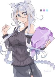 Rule 34 | 1girl, alternate costume, blue eyes, blush, bouquet, braid, breasts, eyes visible through hair, flower, hair between eyes, hair flaps, highres, holding, holding bouquet, kantai collection, long hair, long sleeves, nail polish, off shoulder, open mouth, side slit, sidelocks, silver hair, simple background, single braid, skirt, solo, sugue tettou, twitter username, umikaze (kancolle), umikaze kai ni (kancolle), very long hair, white background