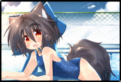 Rule 34 | 1girl, animal ears, black hair, blush, bow, chain-link fence, collar, dog ears, dog tail, fang, fence, hair bow, kannagi cocoa, one-piece swimsuit, original, pool, red eyes, school swimsuit, shiny clothes, solo, swimsuit, tail, toba hiyoko, water, wet, wet clothes