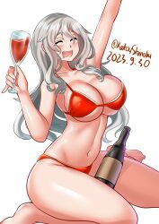 Rule 34 | 1girl, absurdres, alcohol, barefoot, bikini, bottle, breasts, cleavage, closed eyes, cup, dated, drinking glass, grey hair, highres, kantai collection, katou shinobu, large breasts, long hair, open mouth, pola (kancolle), red bikini, simple background, sitting, smile, solo, swimsuit, teeth, twitter username, upper teeth only, wariza, wavy hair, white background, wine, wine bottle, wine glass