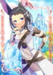 Rule 34 | 1girl, animal ear fluff, animal ears, black hair, blue eyes, blurry, blurry background, brown dress, building, closed mouth, commentary request, depth of field, dress, forehead, green eyes, grey hair, grey jacket, hand on own hip, hand up, heterochromia, indie virtual youtuber, jacket, kou hiyoyo, looking at viewer, multicolored hair, pantyhose, rellimtime, smile, solo, standing, two-tone hair, virtual youtuber, white pantyhose