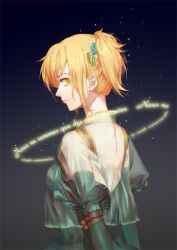 Rule 34 | 1girl, arm belt, blonde hair, dress, french text, gradient background, green dress, hair ornament, jian ying (butjoy), looking at viewer, poptepipic, popuko, see-through, short hair, solo, standing, yellow eyes