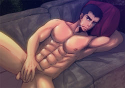 Rule 34 | 1boy, abs, cigarette, couch, flaccid, lying, male focus, mayugeyama, muscular, nipples, nude, original, pectorals, penis, pillow, smoke, solo