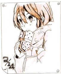 Rule 34 | aliceseven, borrowed character, box, box of chocolates, chocolate, derivative work, gift, gift box, graphite (medium), highres, holding, holding gift, inaba himeko, kokoro connect, traditional media, valentine