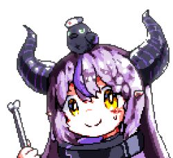 Rule 34 | 1girl, animal, animal on head, bird, bird on head, black collar, black horns, bone, collar, crow (la+ darknesss), demon horns, downvote (downvote me), green eyes, hat, holding, holding bone, hololive, horns, la+ darknesss, long hair, looking at viewer, multicolored hair, nurse cap, on head, purple hair, simple background, smile, streaked hair, striped horns, two-tone hair, virtual youtuber, white background, yellow eyes