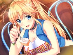 Rule 34 | 1girl, anna belmonte, blonde hair, blue eyes, blush, bracelet, breasts, collar, collarbone, female focus, food, huge breasts, jewelry, long hair, marushin (denwa0214), open mouth, ponytail, sitting, solo, supokon! sports wear complex