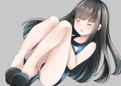 Rule 34 | 1girl, asashio (kancolle), bare arms, bare legs, bare shoulders, black hair, blue one-piece swimsuit, blush, closed eyes, collarbone, comah, full body, grey background, kantai collection, long hair, one-piece swimsuit, open mouth, school swimsuit, simple background, slippers, solo, swimsuit