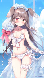 Rule 34 | 1girl, animal ears, bare shoulders, bikini, blue flower, blue rose, blue sky, blush, bouquet, bow, breasts, brown hair, closed mouth, cloud, commentary request, day, dog ears, flower, frilled bikini, frills, gloves, gluteal fold, hair between eyes, hair flower, hair ornament, heart, heart hair ornament, holding, holding bouquet, horizon, long hair, looking at viewer, medium breasts, ocean, original, pan (mimi), red bow, red eyes, rose, sky, smile, solo, swimsuit, thigh gap, veil, very long hair, water, white bikini, white gloves