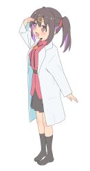 Rule 34 | 1girl, arm up, belt, black skirt, black socks, blush, brown belt, brown hair, full body, hair ornament, hairclip, highres, lab coat, long sleeves, onii-chan wa oshimai!, open mouth, oyama mihari, red shirt, shirt, simple background, sincos, skirt, socks, solo, standing, twintails, white background