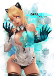 Rule 34 | 1girl, bare shoulders, blonde hair, blue eyes, breasts, cleavage cutout, clothing cutout, cowboy shot, curvy, elbow gloves, covered erect nipples, female focus, gloves, highres, hu dako, large breasts, long hair, looking at viewer, open mouth, original, solo, tears, thighhighs