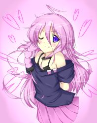 Rule 34 | 1girl, ;), ahoge, arms behind back, braid, gradient background, hair ornament, heart, highres, ia (vocaloid), long hair, looking at viewer, nagisa otoha, one eye closed, pink hair, pleated skirt, purple eyes, simple background, single braid, skirt, smile, solo, vocaloid