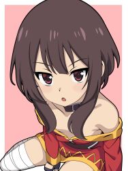 Rule 34 | 1girl, :o, artist request, asymmetrical legwear, bandages, bare shoulders, breasts, brown hair, collar, downblouse, dress, fingerless gloves, flat chest, gloves, highres, kono subarashii sekai ni shukufuku wo!, long sleeves, looking at viewer, megumin, mismatched legwear, open mouth, red dress, red eyes, short dress, short hair, short hair with long locks, sitting, small breasts, thighhighs, zettai ryouiki