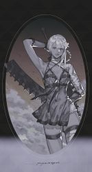 Rule 34 | 1girl, absurdres, bandaged arm, bandaged leg, bandaged neck, bandages, braid, breasts, cloud, commentary, dual wielding, flower, gloves, gradient background, hair flower, hair ornament, highres, holding, holding sword, holding weapon, jagged sword, kaine (nier), lingerie, looking at viewer, negligee, nier, nier (series), signature, solo, sword, underwear, v8, weapon, white hair