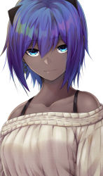 Rule 34 | 1girl, alternate costume, bare shoulders, black hairband, blue eyes, casual, closed mouth, collarbone, commentary request, dark-skinned female, dark skin, earrings, fate/prototype, fate/prototype: fragments of blue and silver, fate (series), hair between eyes, hairband, hassan of serenity (fate), highres, jewelry, light smile, looking at viewer, off-shoulder, off-shoulder sweater, off shoulder, purple hair, ribbed sweater, short hair, shunga (shun608), sidelocks, simple background, solo, sweater, upper body, white background, white sweater