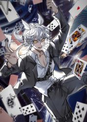 Rule 34 | 1boy, alternate costume, bai xiao, bishounen, blurry, card, depth of field, dropping, grey hair, highres, looking at viewer, male focus, pointy hair, ponytail, sky: children of the light, solo, white hair, xiaoniaodenanpiao, yellow eyes