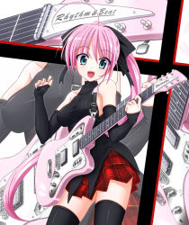 Rule 34 | 1girl, bare shoulders, breasts, electric guitar, english text, covered erect nipples, guitar, highres, instrument, original, ponytail, shirt, solo, source request, takano kazumi, taut clothes, taut shirt, thighhighs, zoom layer