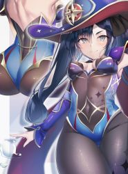 Rule 34 | 1girl, ass, asymmetrical bangs, back, black hair, black pantyhose, black ribbon, blue eyes, blue headwear, blue leotard, blush, bodysuit, breasts, breasts apart, cape, closed mouth, commentary request, covered navel, cowboy shot, crescent, crescent hat ornament, from behind, genshin impact, hair between eyes, hair ribbon, hat, hat ornament, highleg, highleg leotard, highres, leotard, long hair, long sleeves, looking at viewer, medium breasts, mona (genshin impact), multiple views, pantyhose, red cape, ribbon, smile, twintails, very long hair, witch hat, yufou