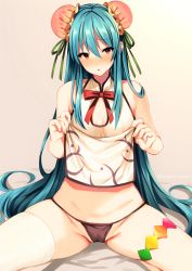 Rule 34 | 1girl, bare arms, bare shoulders, black panties, blue hair, blush, bun cover, china dress, chinese clothes, clothes lift, commentary request, double bun, dress, dress lift, green ribbon, grey background, groin, hair between eyes, hair bun, hair ribbon, hinanawi tenshi, long hair, looking at viewer, marota, neck ribbon, nose blush, panties, parted lips, partial commentary, red eyes, red ribbon, ribbon, single thighhigh, sitting, sleeveless, sleeveless dress, solo, spread legs, thigh strap, thighhighs, thighs, touhou, underwear, very long hair, white dress, white thighhighs