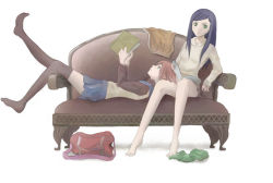 Rule 34 | 00s, 2girls, bag, barefoot, blush, book, clothes, couch, expressionless, full body, green eyes, hood, kuga natsuki, lap pillow, legs, long hair, looking at viewer, lying, multiple girls, my-hime, open book, outstretched leg, purple hair, reading, red hair, school bag, short hair, simple background, thighhighs, thighs, turtleneck, yuuki nao, zettai ryouiki