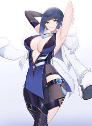 Rule 34 | 1girl, absurdres, armpits, arms behind head, arms up, asymmetrical gloves, bead necklace, beads, black gloves, black hair, blue eyes, blue gemstone, blue hair, bob cut, bodystocking, bodysuit, breasts, cleavage, cowboy shot, diagonal bangs, dice, earrings, elbow gloves, fingerless gloves, fishnets, fur-trimmed jacket, fur trim, gem, genshin impact, gloves, highres, jacket, jewelry, large breasts, layered clothes, looking at viewer, necklace, pelvic curtain, plunging neckline, short hair, sidelocks, simple background, sleeveless, smile, solo, tassel, ultra-13, unworn jacket, walking, white background, white gloves, white jacket, yelan (genshin impact)