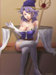 Rule 34 | 1girl, bare shoulders, breasts, cape, celine jules, cleavage, crossed legs, detached cape, earrings, elbow gloves, feet out of frame, gloves, hat, highres, holding, holding staff, jewelry, large breasts, long hair, looking at viewer, njmkmaki, open mouth, purple hair, purple skirt, skirt, solo, staff, star ocean, star ocean the second story, thighhighs, weapon