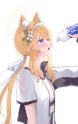 Rule 34 | 1girl, animal ear fluff, animal ears, black jacket, blue archive, blue eyes, blush, bottle, commentary request, daran9, extra ears, flower, fox ears, from side, gym shirt, hair between eyes, hair flower, hair intakes, hair ornament, hair ribbon, hairband, halo, highres, holding, holding bottle, id card, jacket, jacket partially removed, leaf hair ornament, low ponytail, mari (blue archive), mari (track) (blue archive), official alternate costume, official alternate hairstyle, open mouth, orange hair, plastic bottle, ribbon, saliva, saliva trail, see-through, see-through shirt, shirt, short sleeves, simple background, solo, tongue, tongue out, upper body, water bottle, white background, white flower, white hairband, white ribbon, white shirt, yellow halo