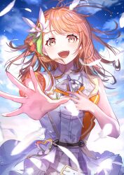 Rule 34 | 1girl, absurdres, armband, bare arms, belt, blue sky, brown hair, cape, cloud, cloudy sky, collared shirt, day, feathers, floating hair, gold trim, grey eyes, grey ribbon, grey skirt, hair ornament, hanasato minori, hand on own chest, hand up, happy, heart, heart hair ornament, highres, lace, light, light particles, looking at viewer, loose belt, medium hair, messy hair, motion blur, neck ribbon, open mouth, orange ribbon, outdoors, outstretched hand, plaid, plaid ribbon, plaid skirt, pleated skirt, project sekai, reflection, eye reflection, ribbon, shirt, shirt tucked in, single vertical stripe, skirt, sky, solo, sun, sunlight, swept bangs, tareme, teeth, two-tone vest, upper teeth only, vest, waist cape, white belt, white cape, white feathers, white shirt, white vest, wind, wind lift, wing collar, wing hair ornament, yuzuha wasa