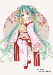 Rule 34 | 1girl, 2018, absurdres, animal, dog, fang, flower, green eyes, green hair, hair flower, hair ornament, happy new year, hatsune miku, head tilt, highres, holding, holding animal, holding dog, japanese clothes, long hair, new year, open mouth, sitting, solo, thighhighs, thirdo, twintails, very long hair, vocaloid