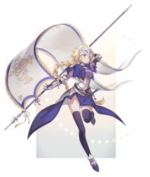 Rule 34 | 1girl, armor, armored dress, bad id, bad pixiv id, black thighhighs, blonde hair, blue cape, blue dress, blue eyes, braid, breasts, cape, dress, fate/grand order, fate (series), faulds, flag, full body, gauntlets, headpiece, highres, holding, holding flag, jeanne d&#039;arc (fate), jeanne d&#039;arc (ruler) (fate), long braid, long hair, looking at viewer, medium breasts, sheath, sheathed, single braid, smile, solo, standard bearer, sword, thighhighs, this 21, weapon