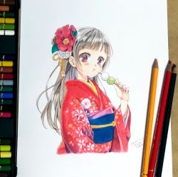 Rule 34 | 1girl, absurdres, art tools in frame, brown hair, colored pencil (medium), dango, dated, eating, floral print, flower, food, hair flower, hair ornament, highres, japanese clothes, kimono, leaf, long hair, looking at viewer, mojacookie, original, photo (medium), print kimono, red eyes, red flower, red kimono, signature, simple background, solo, traditional media, wagashi, white background, white flower