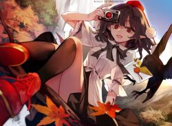 Rule 34 | 1girl, arm up, autumn leaves, beak, bird, black bow, black bowtie, black skirt, black socks, blush, bow, bowtie, branch, breasts, brown hair, camera, collared shirt, cross-laced footwear, crow, geta, hat, holding, holding camera, holding letter, letter, medium breasts, mouth hold, nail polish, open mouth, pointy ears, puffy short sleeves, puffy sleeves, red eyes, red footwear, red hat, red nails, ribbon trim, risui (suzu rks), shameimaru aya, shirt, short hair, short sleeves, sitting, skirt, socks, solo, tengu-geta, tokin hat, touhou, white shirt, wing collar
