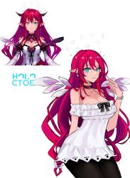 Rule 34 | 1girl, absurdres, blue eyes, bow, breasts, choker, cleavage, commentary, double halo, dress, earrings, english commentary, hair between eyes, halo, heterochromia, highres, hololive, hololive english, horns, irys (irys 2.0) (hololive), irys (casualrys) (hololive), irys (hololive), jewelry, long hair, looking at viewer, medium breasts, multiple views, off-shoulder dress, off shoulder, pantyhose, pointy ears, simple background, smile, star halo, very long hair, virtual youtuber, wabiwasabi, white background, wings