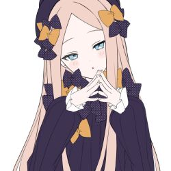 Rule 34 | 1girl, :o, abigail williams (fate), black bow, black dress, black hat, blue eyes, blush stickers, bow, commentary, dress, expressionless, fate/grand order, fate (series), fingernails, hair bow, hat, head tilt, light brown hair, long hair, long sleeves, looking at viewer, multiple hair bows, orange bow, parted bangs, parted lips, polka dot, polka dot bow, simple background, solo, steepled fingers, sumi (gfgf 045), upper body, white background