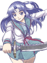 Rule 34 | asakura ryouko, blue eyes, blue hair, knife, long hair, school uniform, serafuku, sketch, solo, suzumiya haruhi no yuuutsu, yaso shigeru