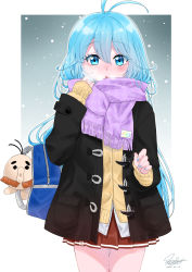 Rule 34 | 1girl, absurdres, adjusting scarf, antenna hair, bag, bag charm, black coat, blue background, blue hair, blue nails, blush, breasts, cardigan, charm (object), coat, cowboy shot, dated, denpa onna to seishun otoko, duffel coat, enpera, fringe trim, gradient background, hair between eyes, highres, houndstooth, karamaya, long hair, looking at viewer, nail polish, open clothes, open coat, parted lips, pleated skirt, print scarf, purple scarf, red skirt, scarf, school bag, school uniform, signature, skirt, snowing, solo, touwa erio, white background, winter, winter uniform