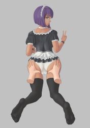 Rule 34 | 1girl, absurdres, alternate costume, ass, ass grab, barefoot, blue eyes, breasts, cameltoe, dark skin, deep skin, disembodied hand, dress, egyptian, embarrassed, from behind, headdress, highres, klompi, maid, maid headdress, menat, miniskirt, open mouth, panties, parted lips, purple hair, shiny skin, short dress, short hair, skirt, solo, street fighter, street fighter v, thighhighs, underwear, v